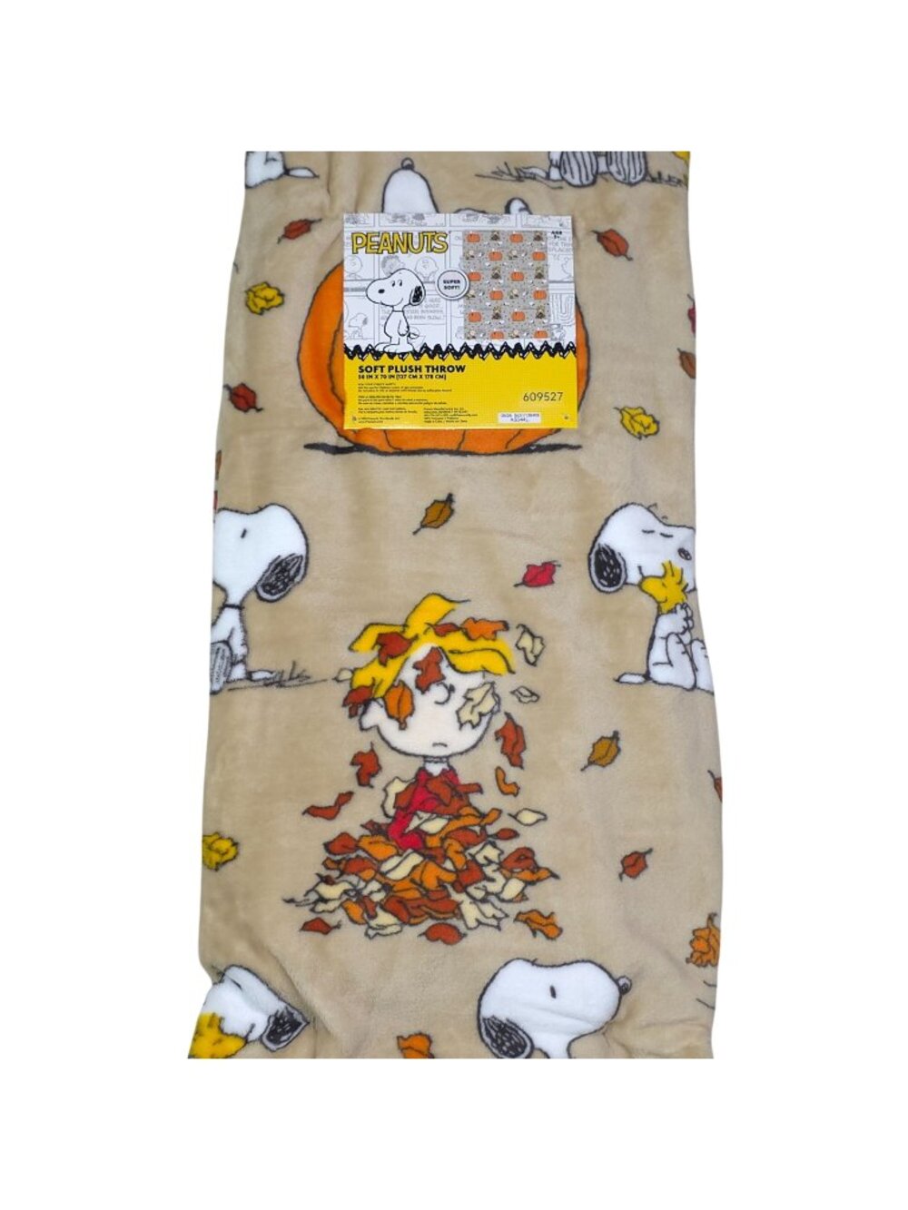 Peanuts Snoopy Fall Soft Plush Throw Blanket 50 X 70" Autumn Leaves Pumpkins Tan